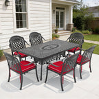 7-Piece Set Of Cast Aluminum Patio Furniture With Black Frame and Red Cushions
