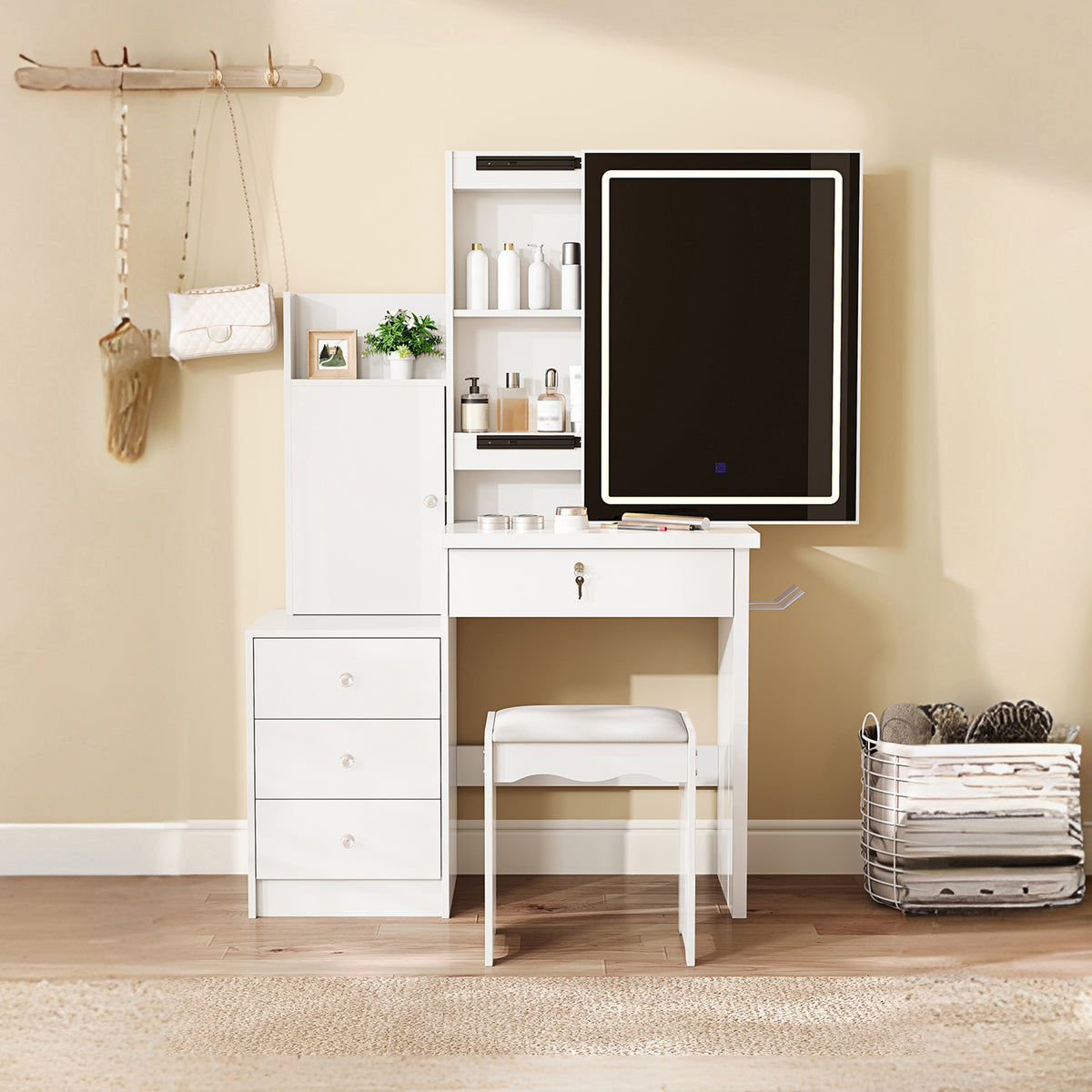 White Vanity Desk Set with Sliding Lighted Mirror, 4-Drawer Makeup Dressing Table with 9 Storage Spaces, Hidden Compartments & Cushioned Stool, MDF Beauty Furniture for Bedroom