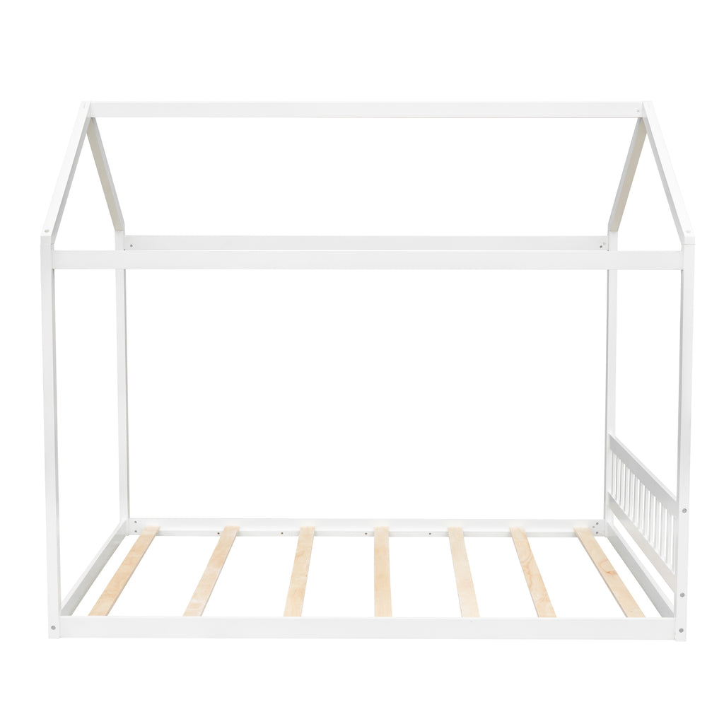 White Queen Size Wooden House Bed with Headboard, Pine Wood and MDF, 82.7''L x 63''W x 70.9''H