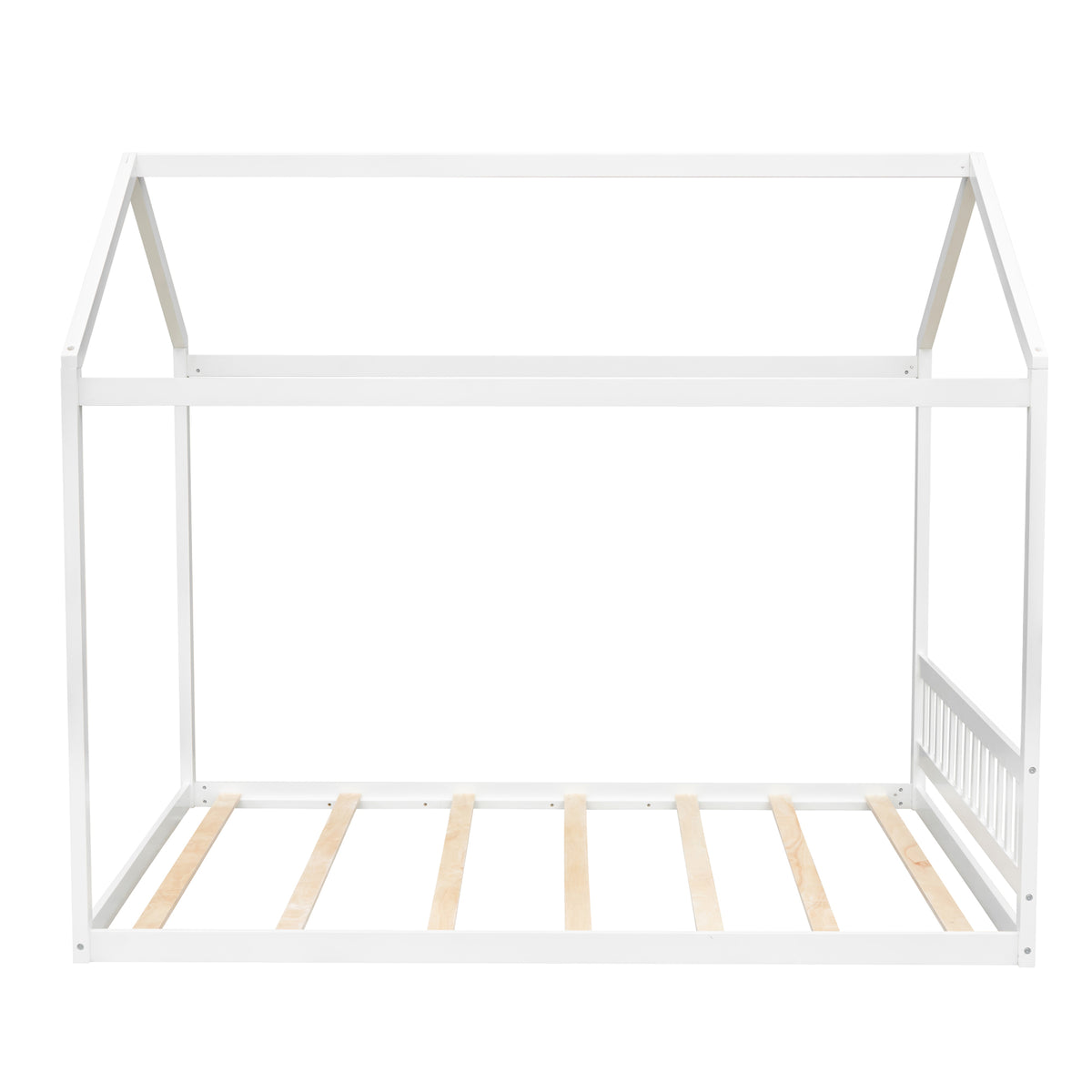 White Queen Size Wooden House Bed with Headboard, Pine Wood and MDF, 82.7''L x 63''W x 70.9''H
