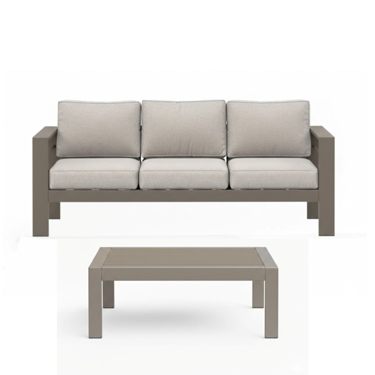 2-Piece Outdoor Patio Set, All-Weather 75' 3-Seat Metal Sofa with Thick Beige Cushions, Khaki Frame and 43' Coffee Table