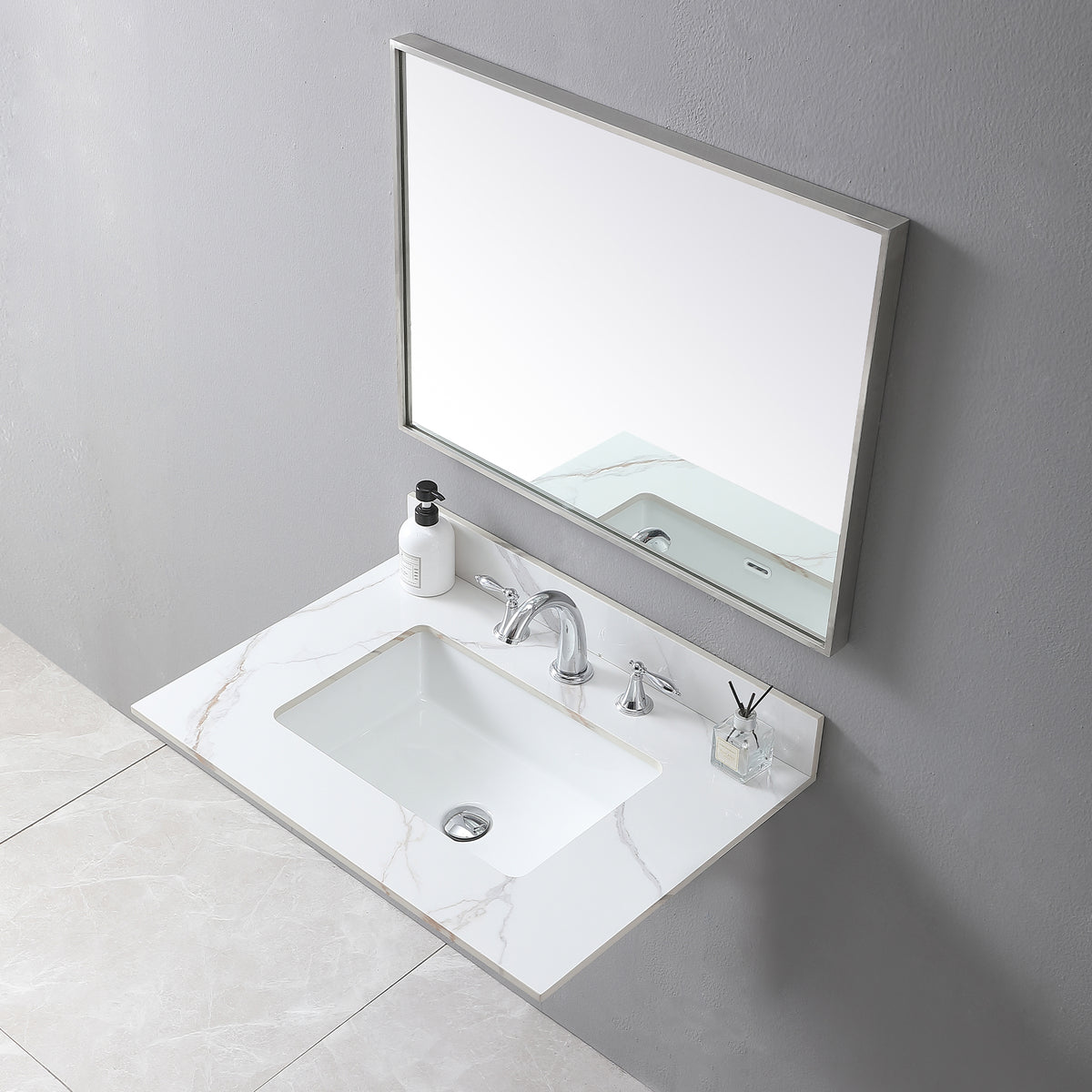Montary 31inch bathroom vanity top stone carrara gold  new style tops with rectangle undermount ceramic sink  and back splash with 3 faucet hole  for bathrom cabinet