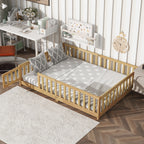 Full Size Floor Bed with Fence and Door,Rubber Wood Floor Bed with Safety Guardrails,Natural(Old Sku W504P286380)