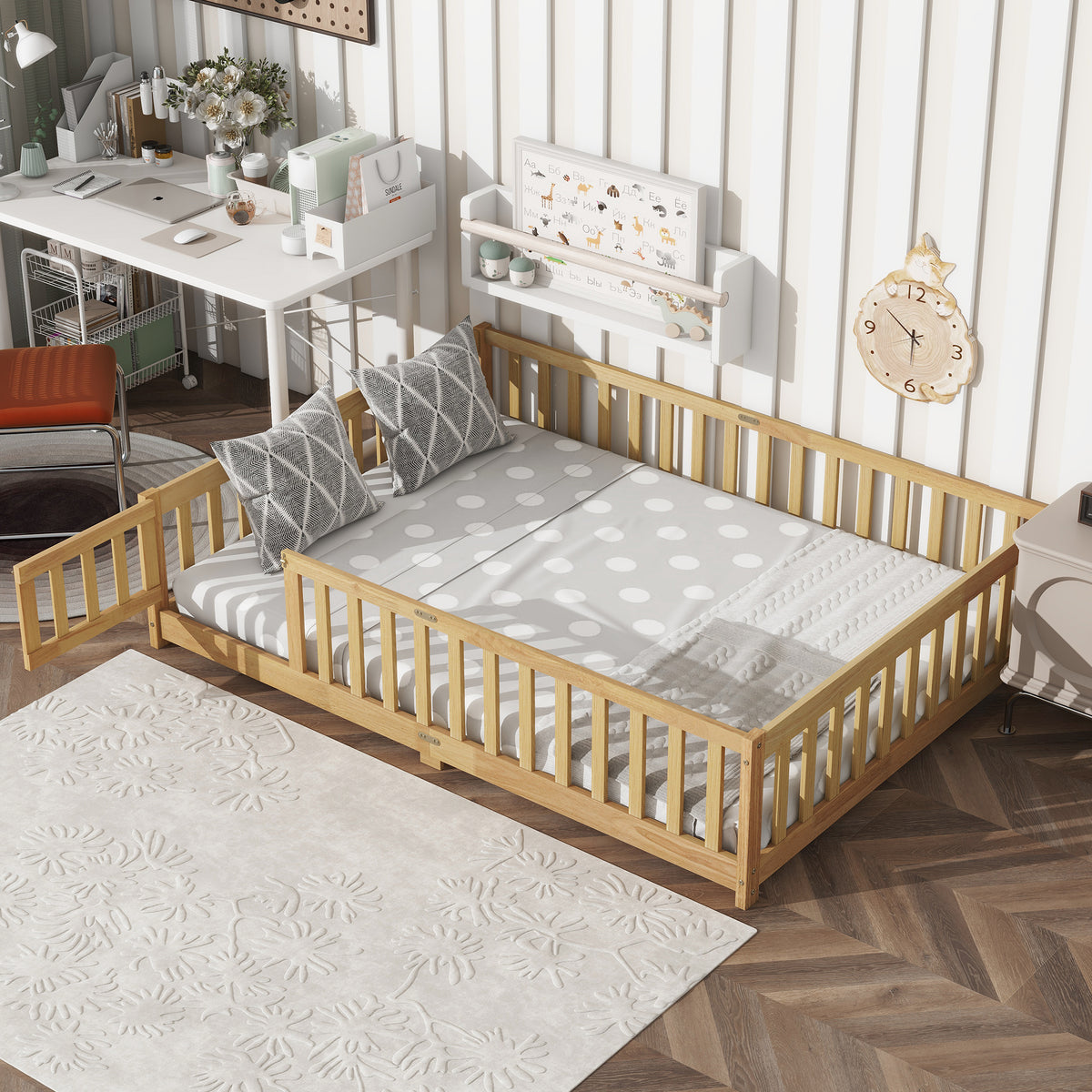 Full Size Floor Bed with Fence and Door,Rubber Wood Floor Bed with Safety Guardrails,Natural(Old Sku W504P286380)
