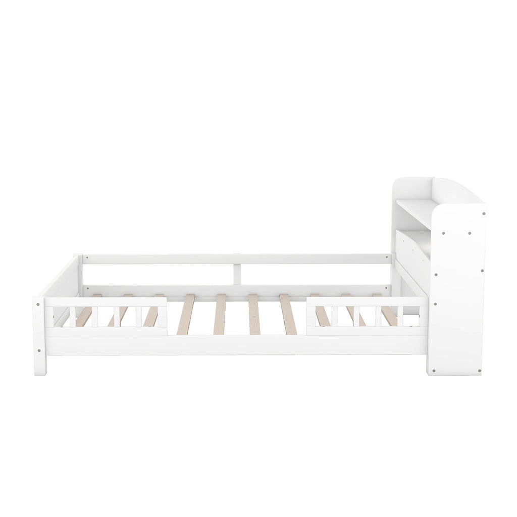 White Wood Full Size Platform Bed with Built-in LED Light, Storage Headboard and Guardrail, Solid Pine Wood+MDF