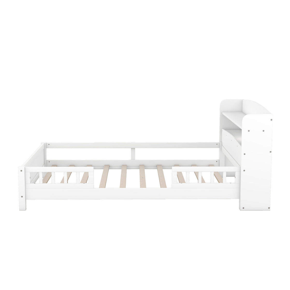 White Wood Full Size Platform Bed with Built-in LED Light, Storage Headboard and Guardrail, Solid Pine Wood+MDF