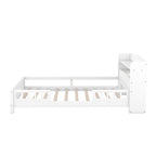 White Wood Full Size Platform Bed with Built-in LED Light, Storage Headboard and Guardrail, Solid Pine Wood+MDF