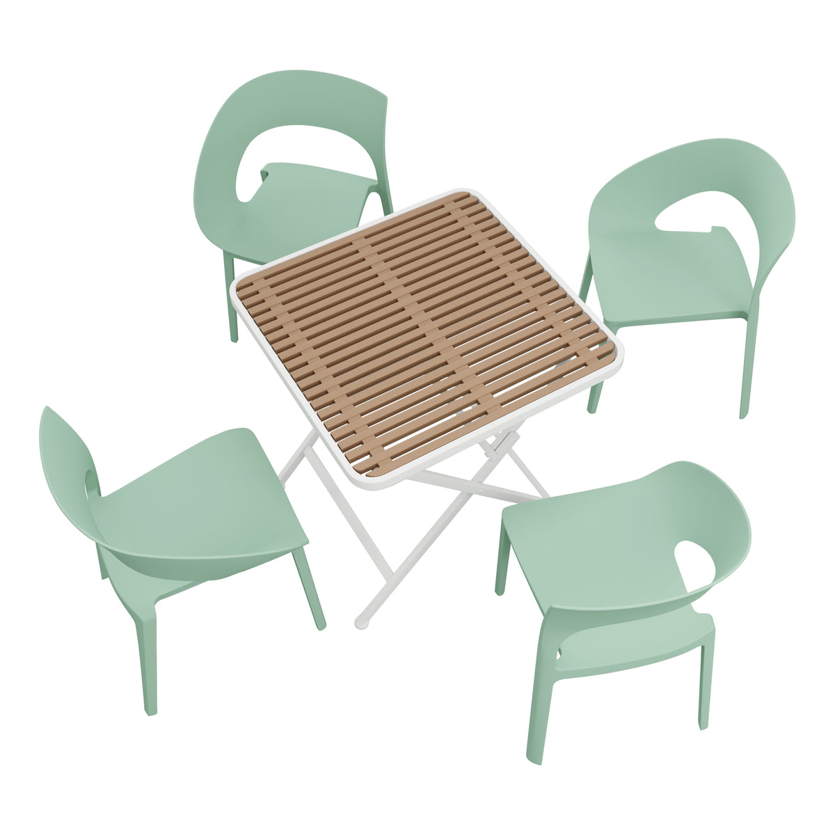 Four-piece Set of Modern Color-block Designed Single Chairs with Folding Square Table,Green/KhakiWhite, 21.06*22.24*32.28 (in)/ 27.56*27.56*29.33(in),PP,Metal