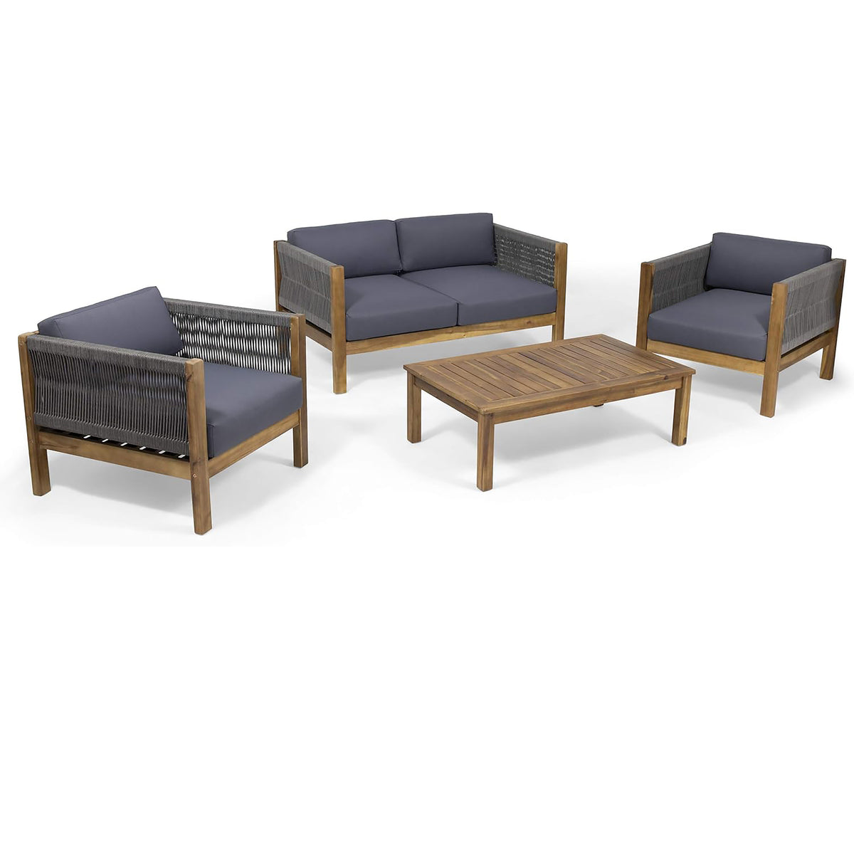 Charlotte Outdoor Acacia Wood and Rope 4 Seater Chat Set with Cushions