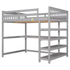 Gray Full Size Loft Bed with Storage Shelves and Under-bed Desk, Solid Pine Wood and MDF, 79.7''L x 57.2''W x 68.3''H