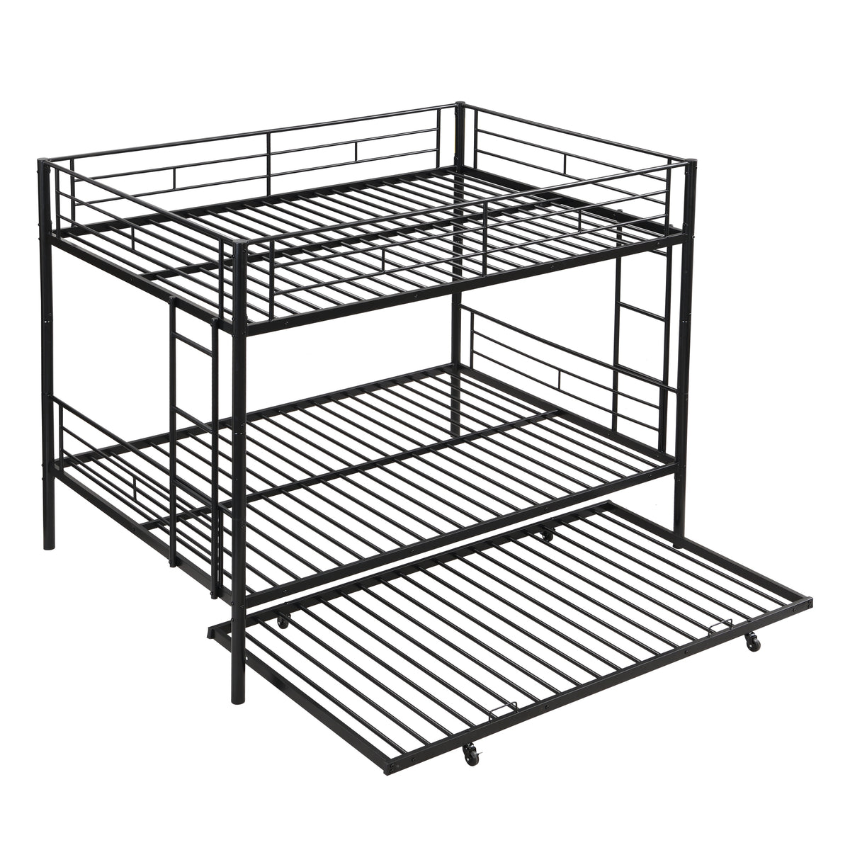 Modern Black Metal Bunk Bed with Trundle and Easy Assembly for Full Over Full