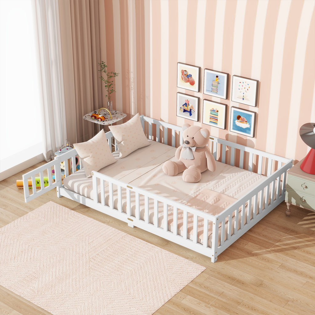 Full Size Floor Bed with Fence and Door,Rubber Wood Floor Bed with Safety Guardrails,White (Old Sku W504P286379)