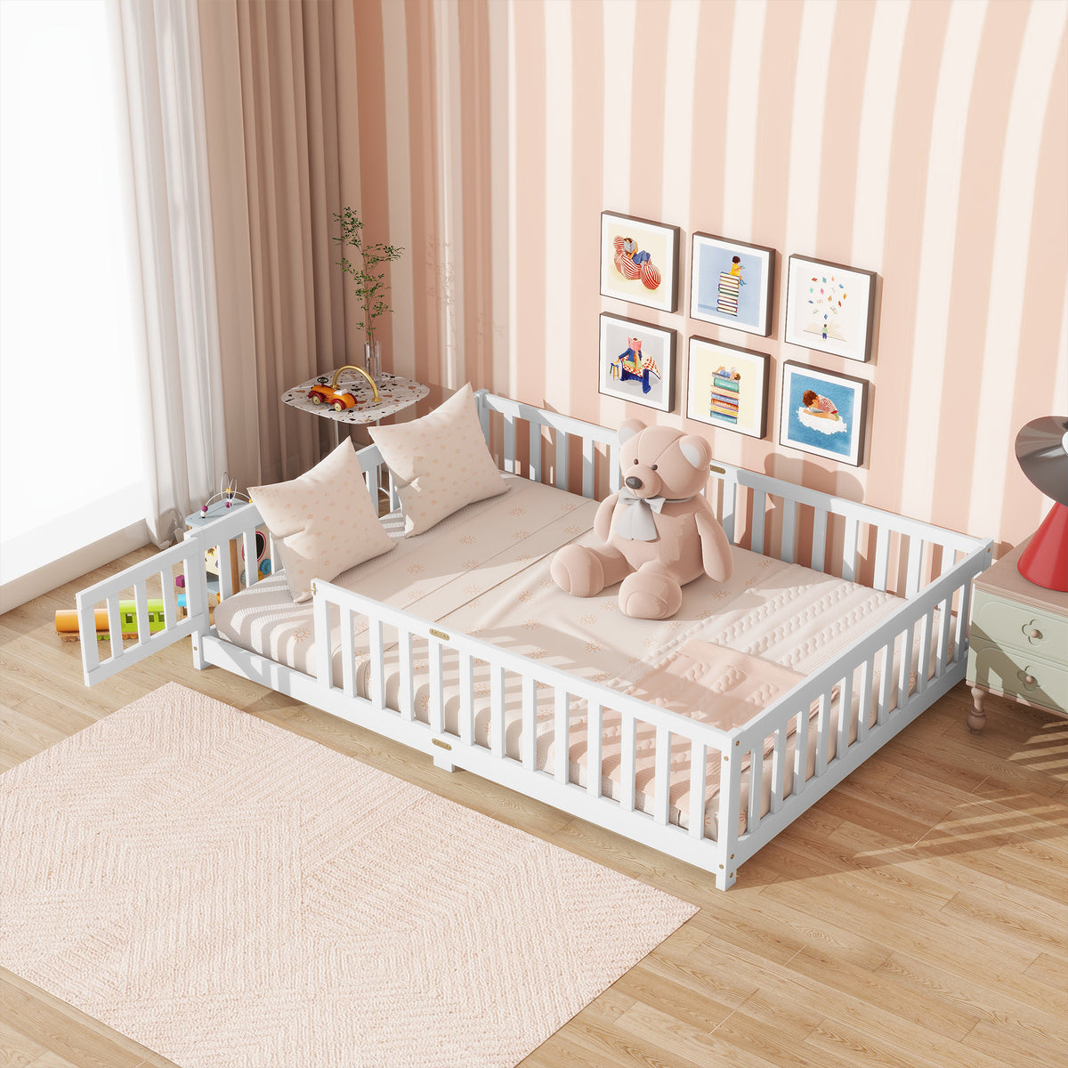Full Size Floor Bed with Fence and Door,Rubber Wood Floor Bed with Safety Guardrails,White (Old Sku W504P286379)