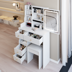 29.2' Small Size Left Drawer Desktop Vanity Table + Cushioned Stool, Large Sliding, Touch Control, Tri-color Switching, Brightness Adjust LED Mirror, High Capacity Storage, Suitable for Small Space