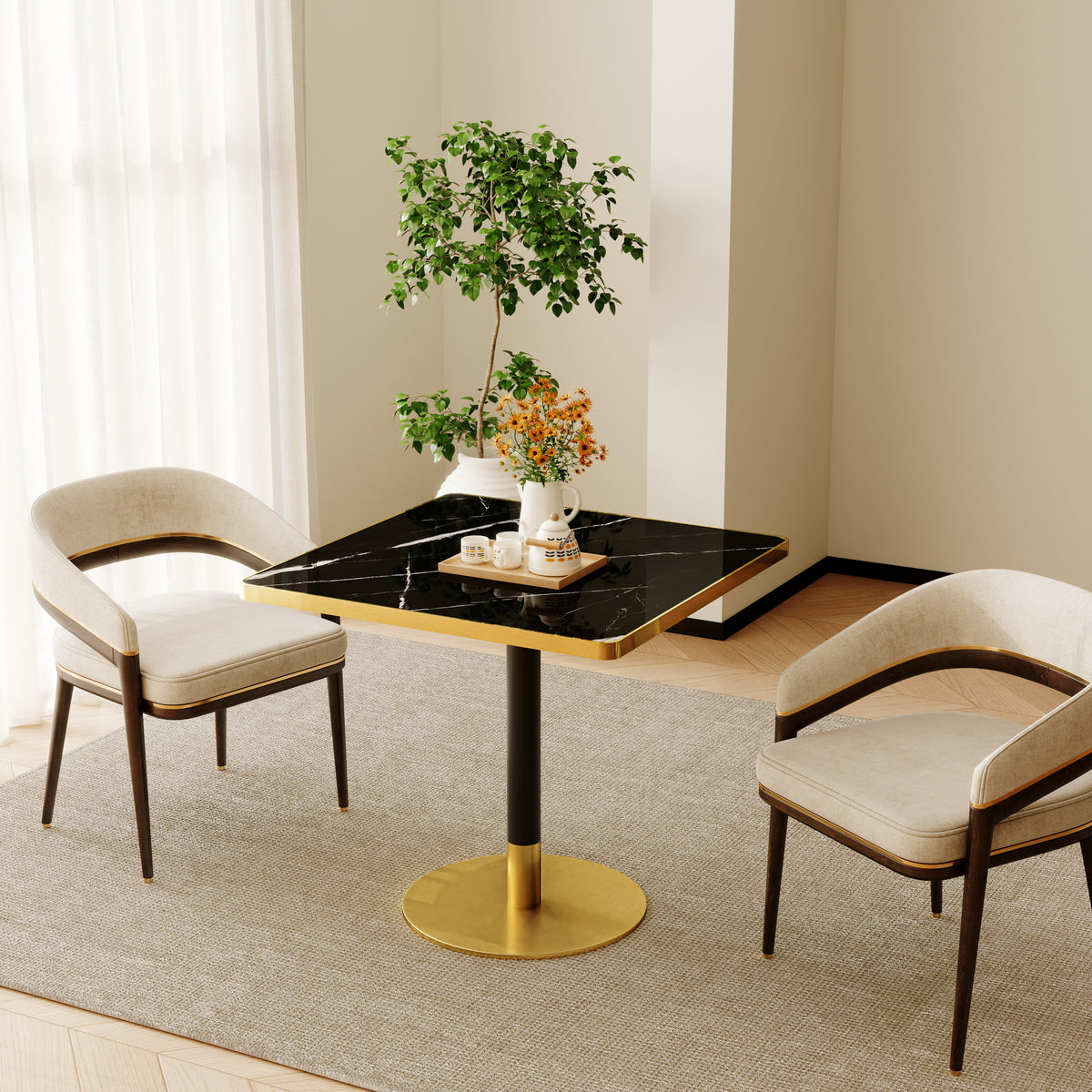 31.5' Square Modern Tulip Dining Table, Sintered Stone Tabletop with Luxury Faux Marble Print, Stainless Steel Bracket Base, Scratch & Wear Resistant, Waterproof Surface, Ideal for Indoor & Outdoor Us