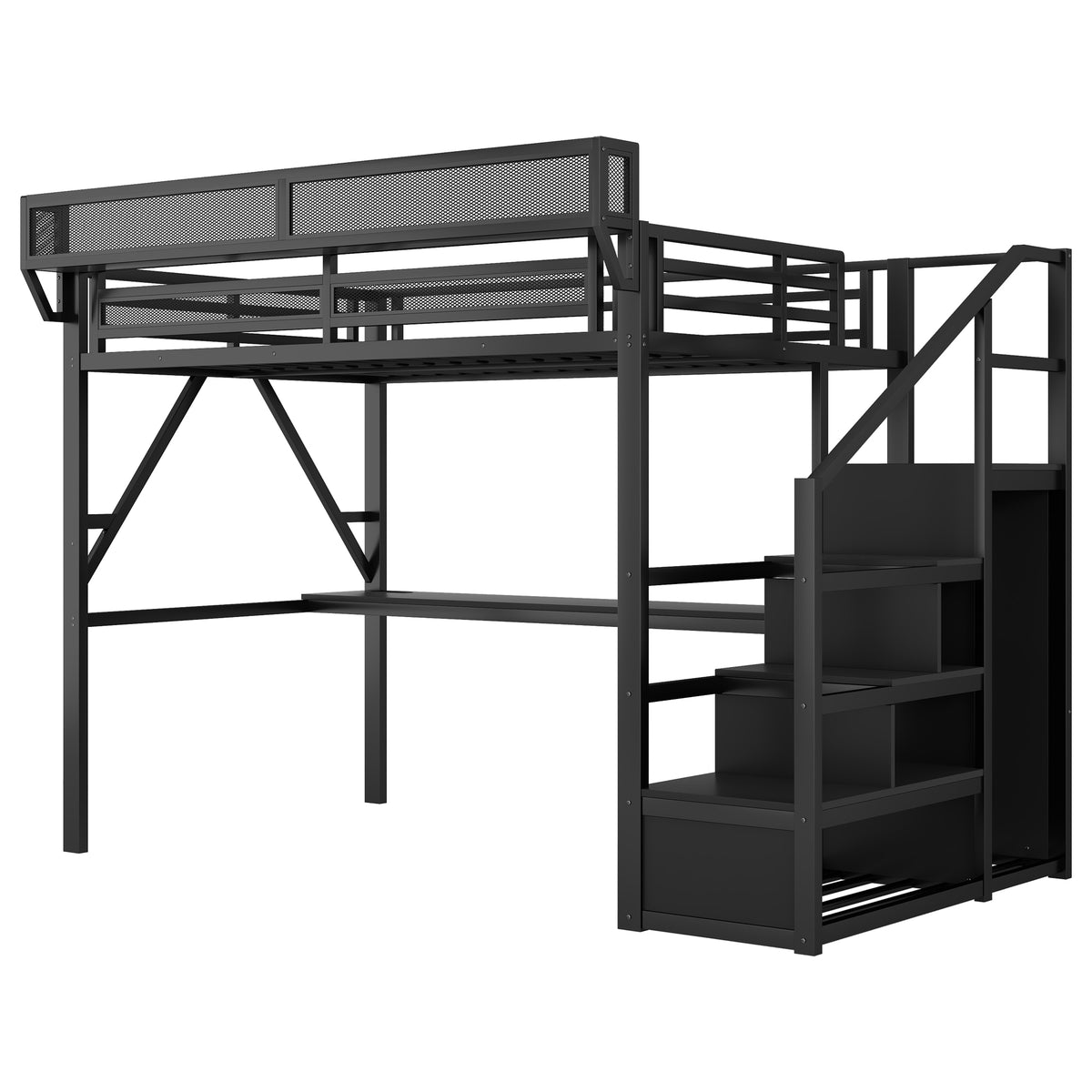 Queen Loft Bed with Desk and Charging Station, Queen Size Metal Loft Bed with Stairs and Light for Kids Teens, Black