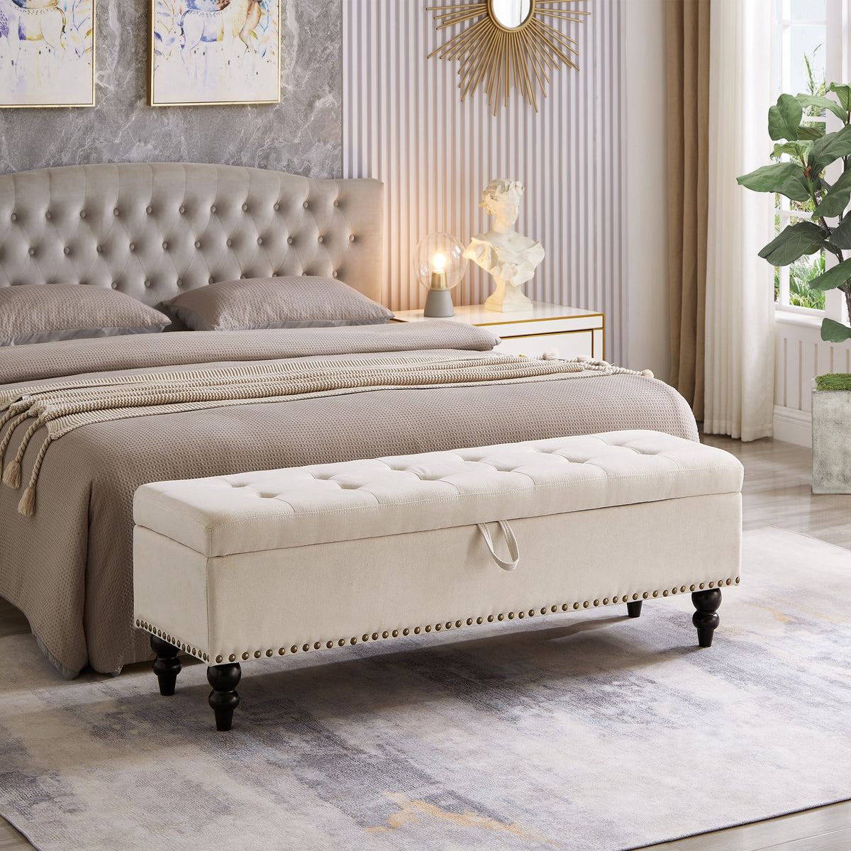59' Bed Bench Ottoman with Storage  Beige Fabric