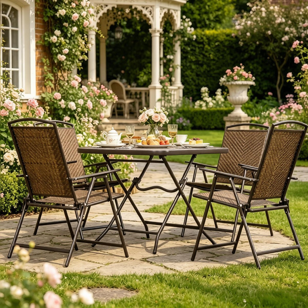 Space-Saving Outdoor Furniture Set, Foldable Patio Dining Set with Tempered Glass Table and PE Wicker Chairs in Dark Brown