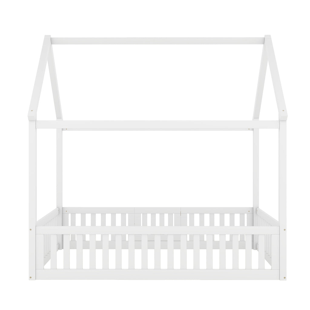 White House-Shaped Full Size Wood Bed with Fence and Door, Pine and MDF Construction