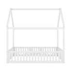 White House-Shaped Full Size Wood Bed with Fence and Door, Pine and MDF Construction