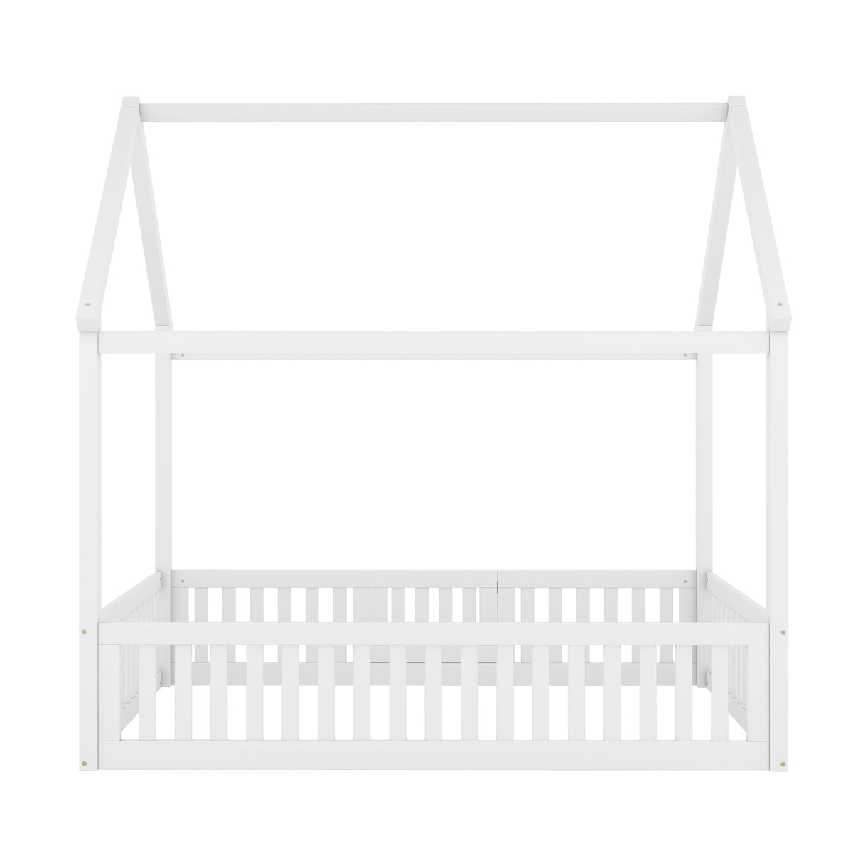 White House-Shaped Full Size Wood Bed with Fence and Door, Pine and MDF Construction