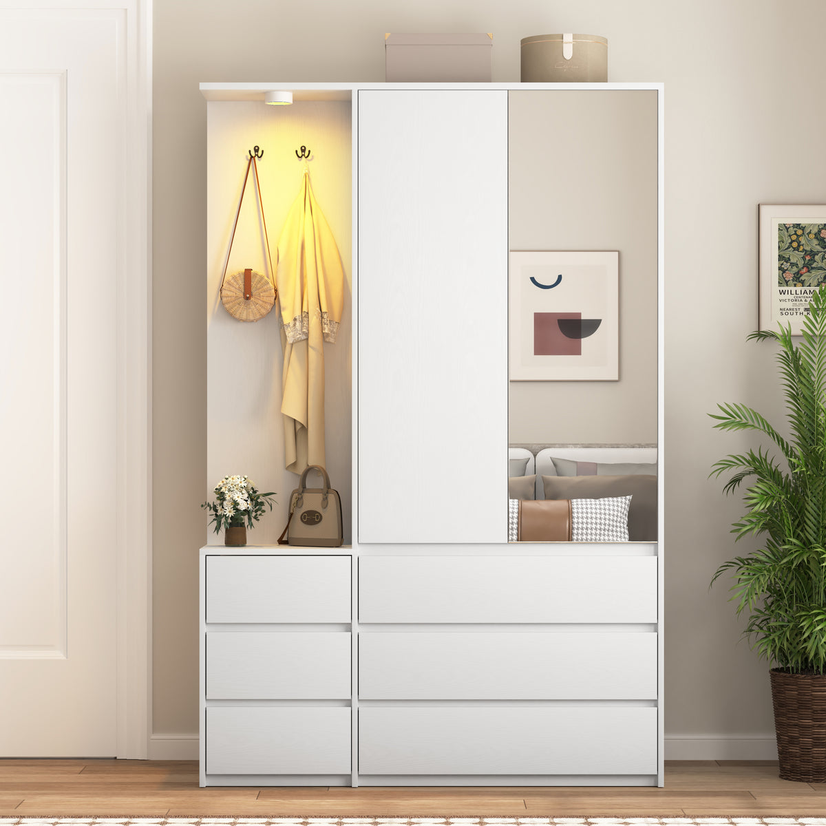 Wardrobe Closet 71.7' H, Bedroom Wooden Wardrobe with 2 Doors 6 Drawers, Modern Clothing Storage Cabinet Combination with Storage Shelves and Hanging Rail, White