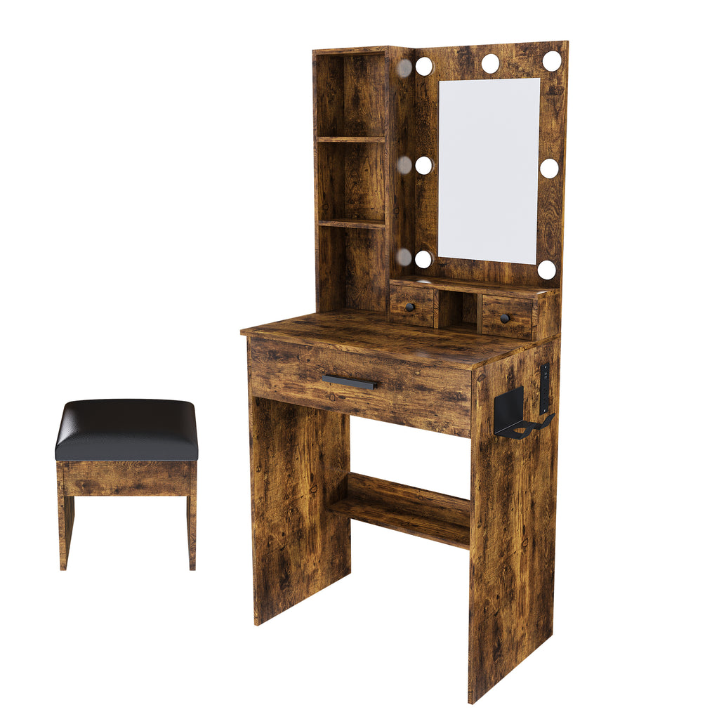 Vintage Vanity Table with Mirror, Adjustable LED Lights, Power Outlet, Hairdryer Holder & Stool – Compact Dressing Desk for Small Bedrooms