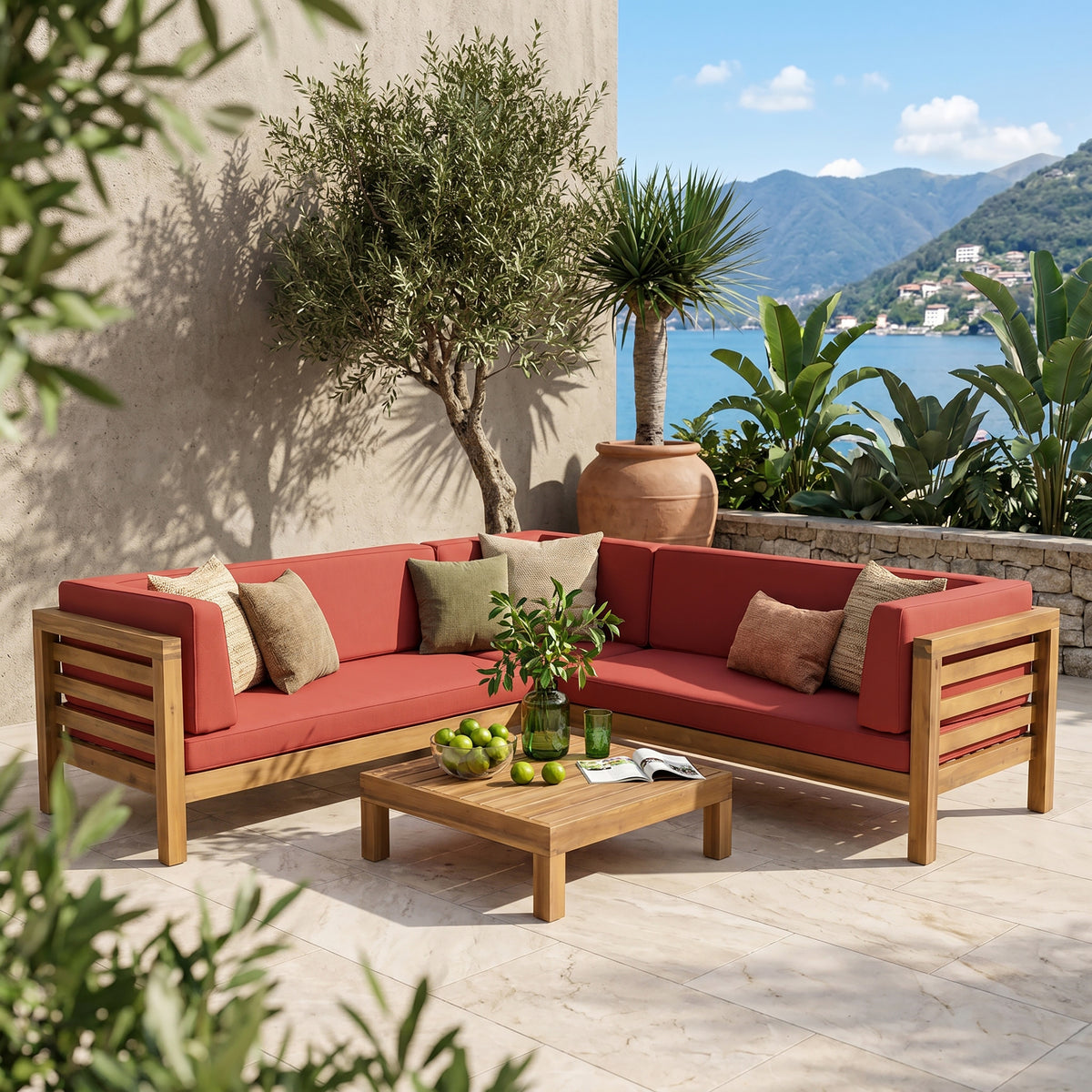 OANA OUTDOOR WOODEN SECTIONAL SET WITH CUSHIONS, RED