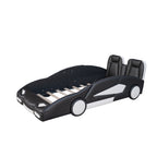 Black Race Car-Shaped Twin Platform Bed with Wheels, Pine Wood Construction