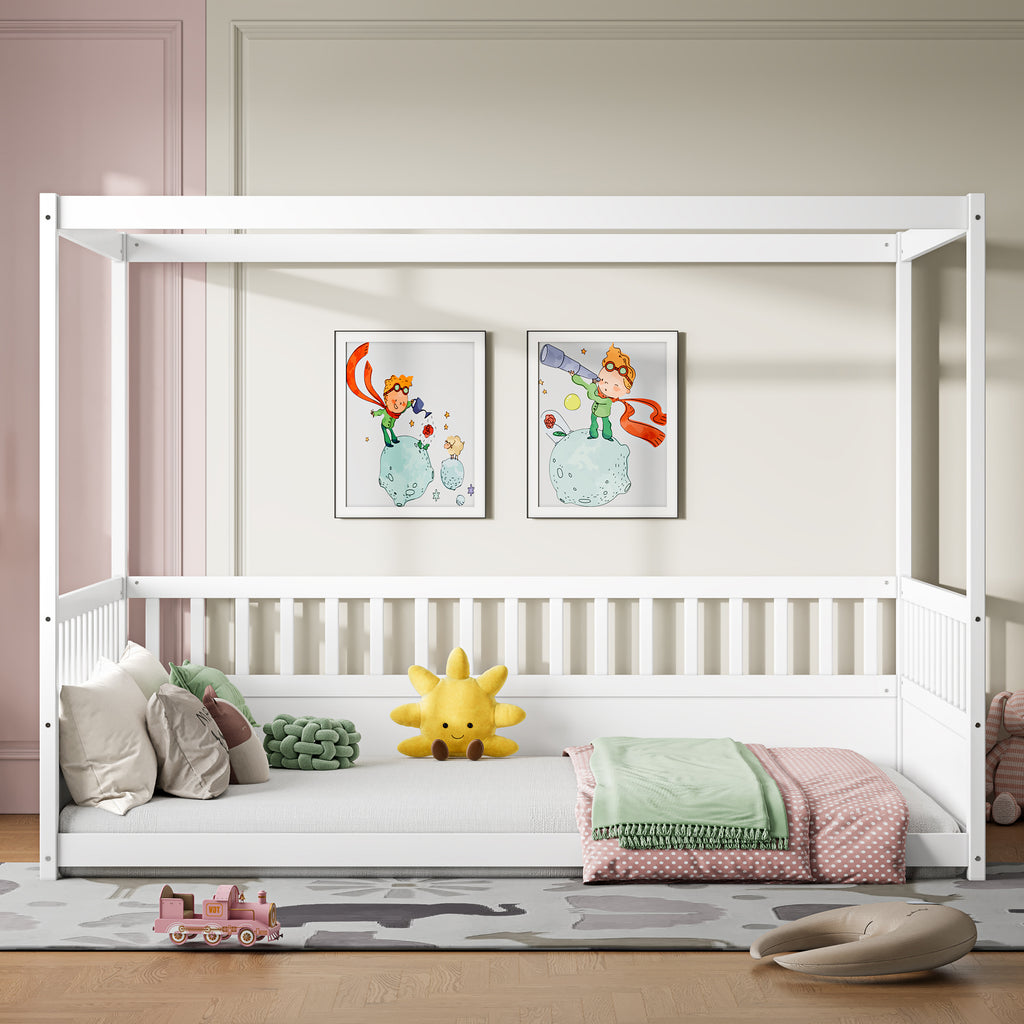 Full Size Canopy Bed Frame with Guardrails for Kids,Floor Bed Full with Four Poster Design,Kids Montessori Floor Bed,Wood Canopy Bed Frame for Girls,Boys(Full,White)
