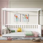 Full Size Canopy Bed Frame with Guardrails for Kids,Floor Bed Full with Four Poster Design,Kids Montessori Floor Bed,Wood Canopy Bed Frame for Girls,Boys(Full,White)