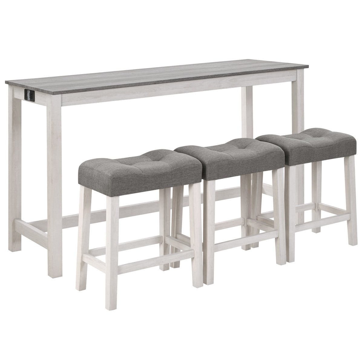 4 Piece Bar Table Set with Power Outlet, Bar Table Set with Chairs, Sofa Bar Table with Stools, Behind Couch Table with 3 Padded Stools, for Living Room, Dining room, White & Grey
