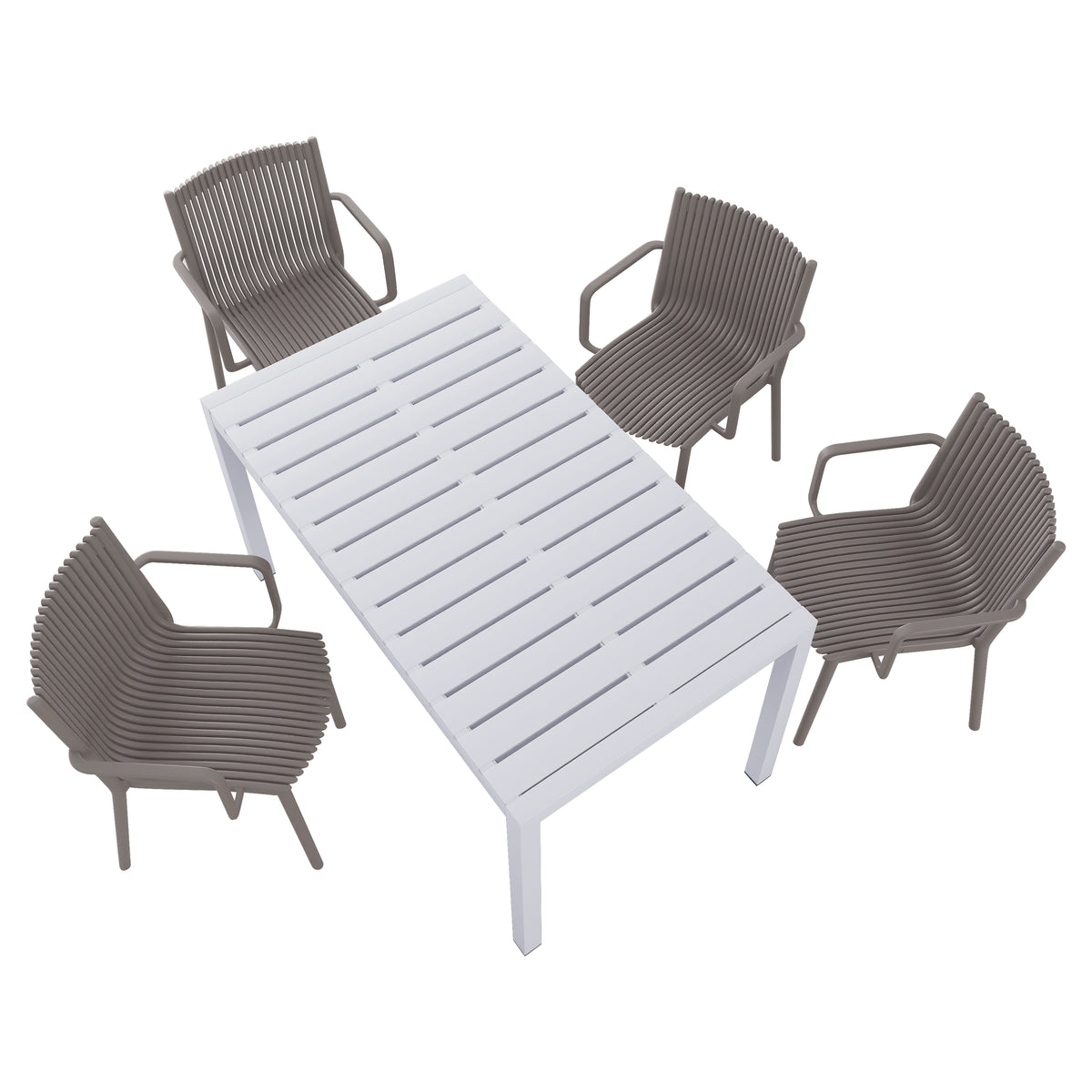 Four pcs Modern Stackable Plastic Armchair Matched with 55-Inch White Long Table,Warm Grey/White21.26*20.08*31.5(in) /55.12*31.5*29.53 (in),pp,metal