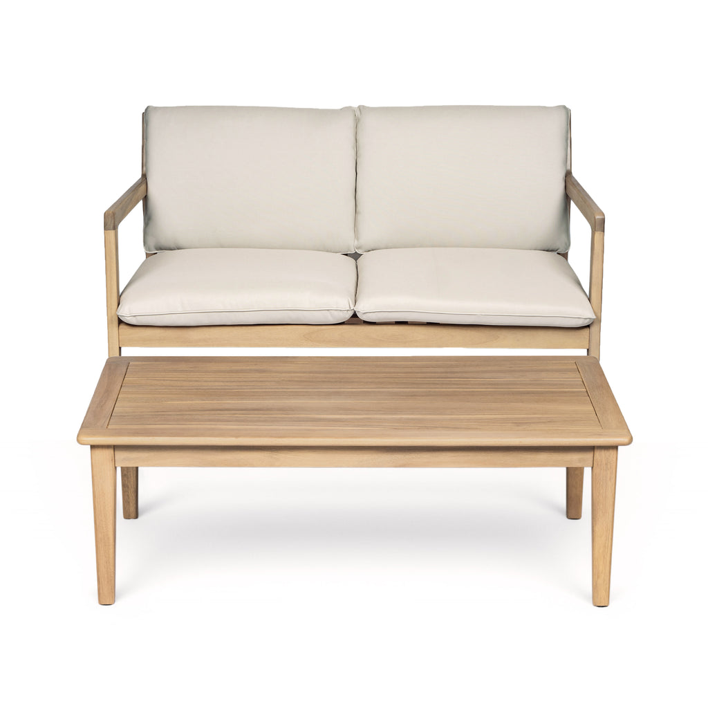 Outdoor Acacia Wood Loveseat with Coffee Table, Light Teak Frame, Beige Cushion