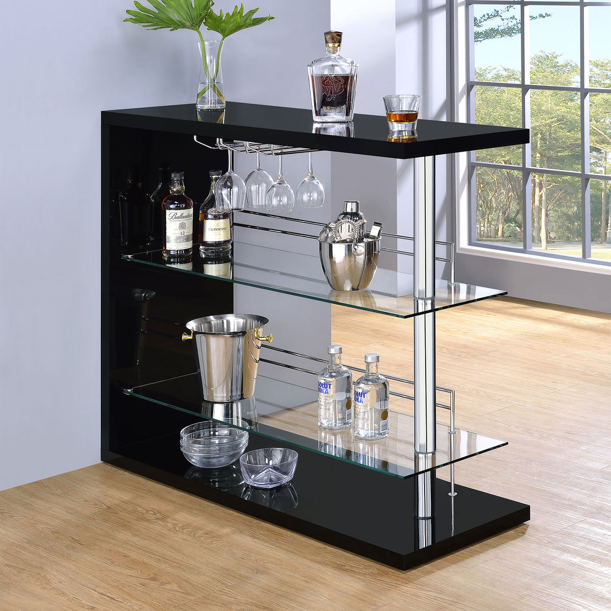 Gilbert Black High Gloss Bar Shelf with Tempered Glass Shelves and Chrome Accents in Modern Design