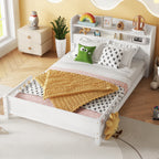 Full Pine Wood Bed with Bookcase Headboard ,LED Motion Sensor Light, Bed Guardrails,White