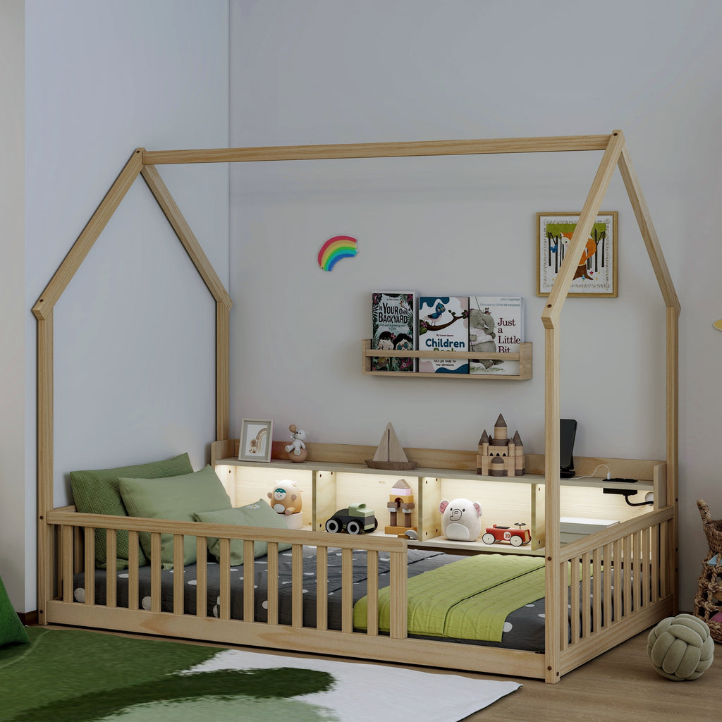 Twin House Floor Bed with Storage Shelves,Built-in LED Lights & Charging Station,Pine Wood Floor Bed with Safety Guardrails,Natural