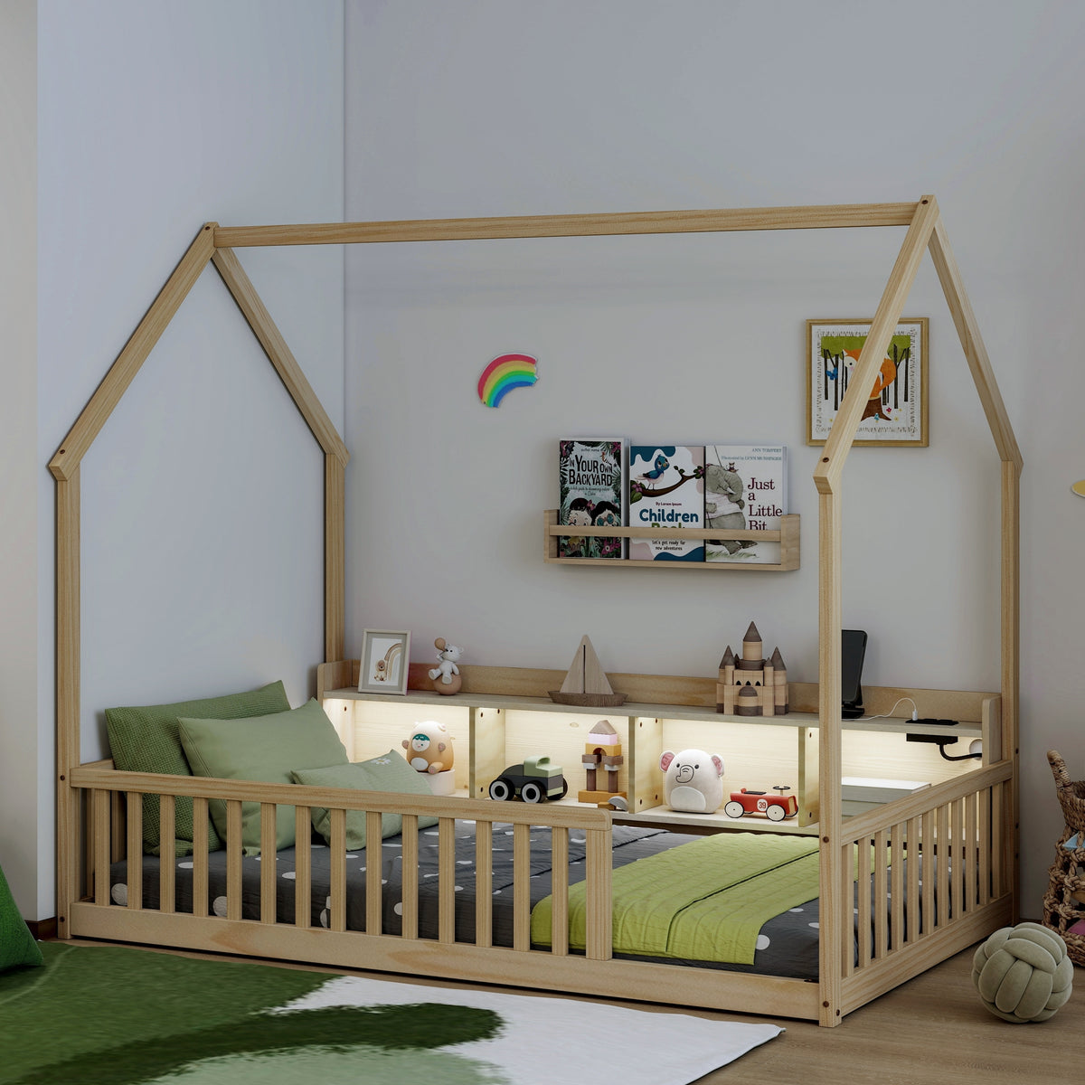 Twin House Floor Bed with Storage Shelves,Built-in LED Lights & Charging Station,Pine Wood Floor Bed with Safety Guardrails,Natural
