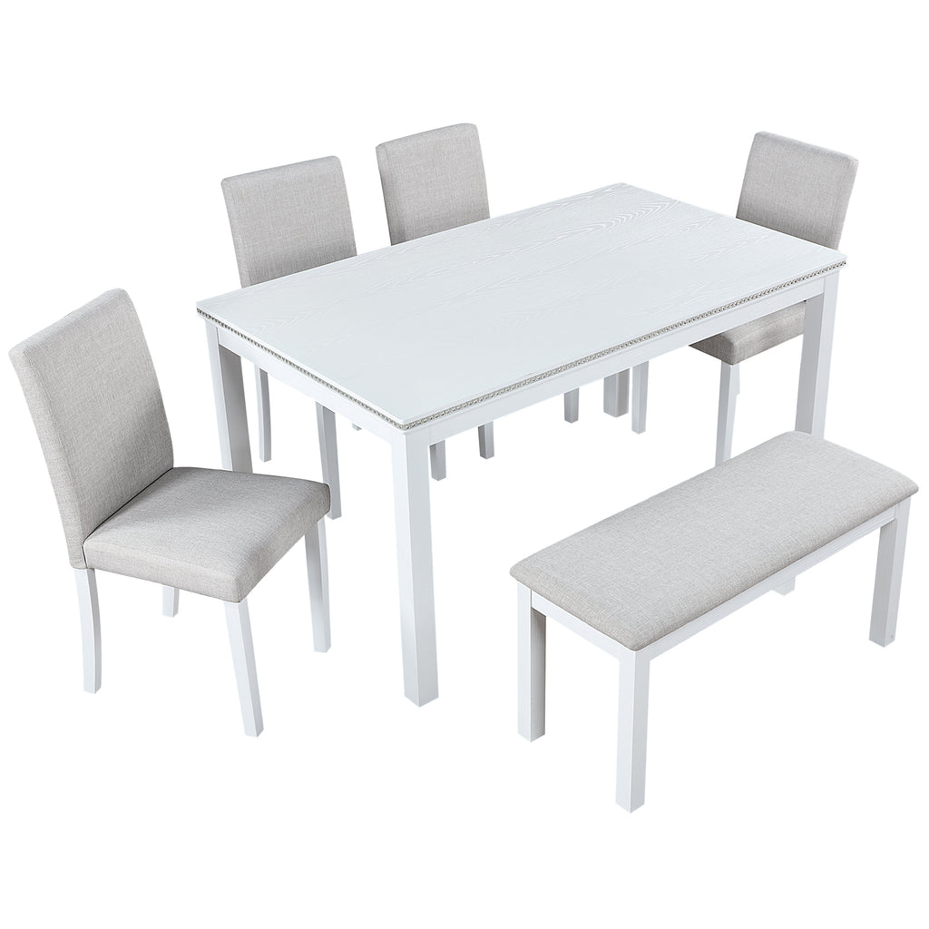 6 Piece Wooden Dining Table Set, Wooden Dining Table with 4 Upholstered Chairs and Bench for 6 People, Rectangular Dining Table Set with Crystal Decoration for Kitchen, Dining Room, White
