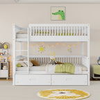 Twin Over Twin Pine Wood Bunk Bed With 2 Drawers, Convertible into 2 Twin Beds, Twin Over Twin Bunk Bed with Ladder and Safety Guardrails,White