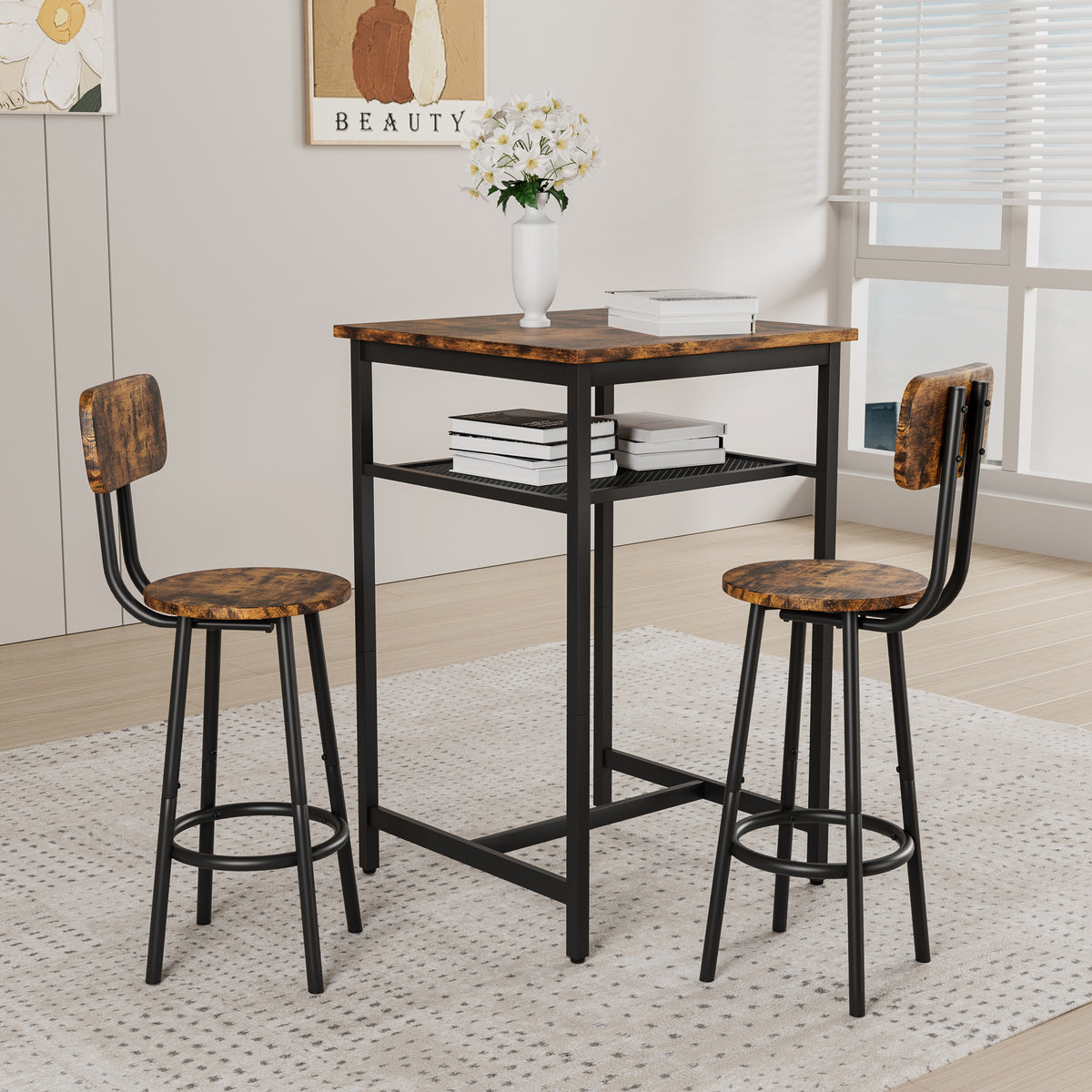 Bar table, equipped with 2 bar stools , with backrest and partition (Rustic Brown)