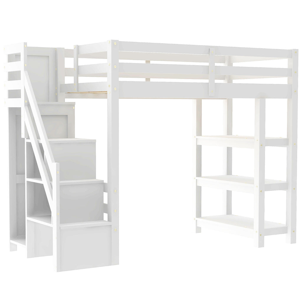 White Twin Size Loft Bed with 4-Layer Shelves, Storage Staircase, Small Wardrobe and LED Light, Solid Pine Wood