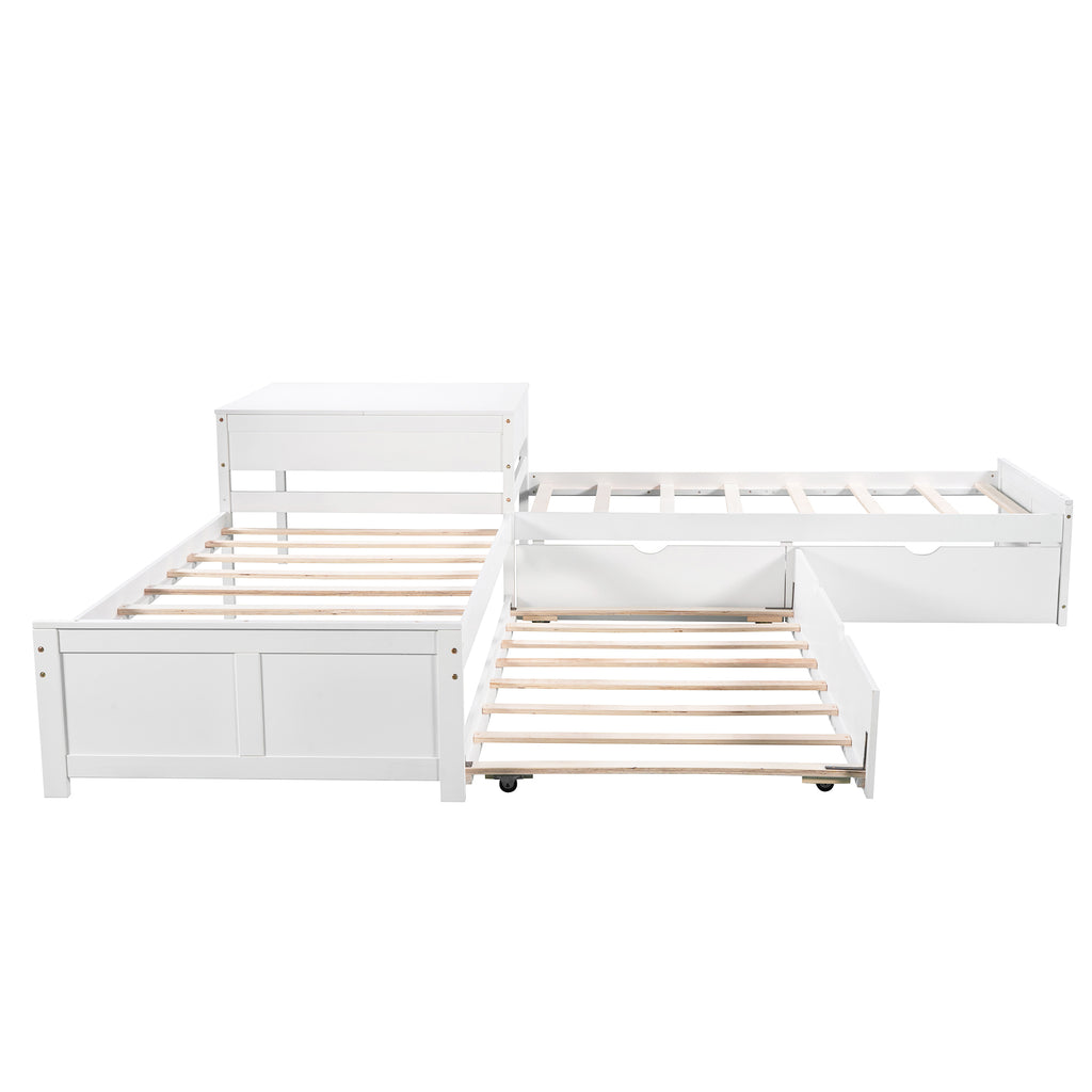 L-shaped Platform Bed with Trundle and Drawers Linked with Built-in Desk, Twin, White Pine Wood, 119.6''L x 119.6''W x 30''H