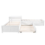 L-shaped Platform Bed with Trundle and Drawers Linked with Built-in Desk, Twin, White Pine Wood, 119.6''L x 119.6''W x 30''H