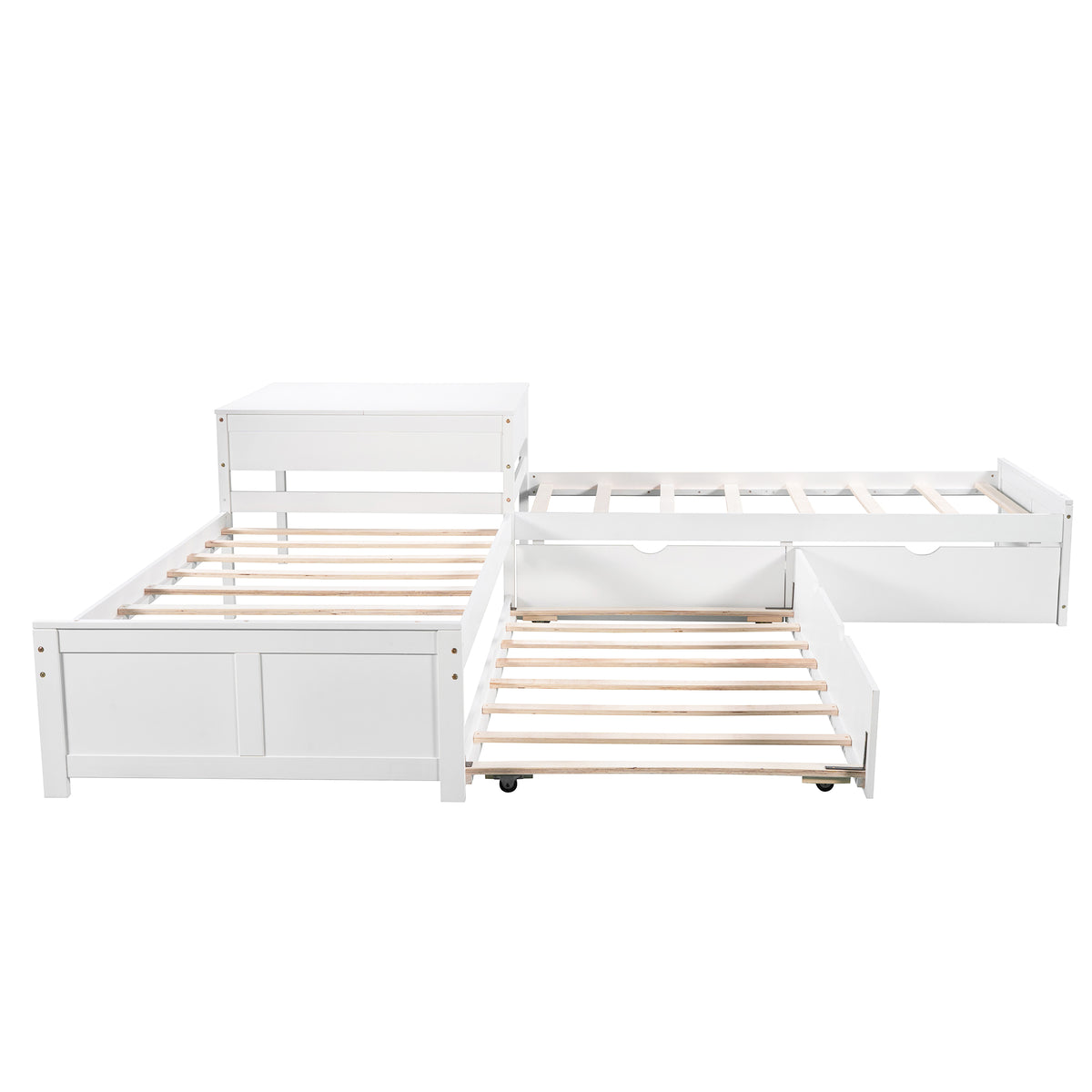 L-shaped Platform Bed with Trundle and Drawers Linked with Built-in Desk, Twin, White Pine Wood, 119.6''L x 119.6''W x 30''H
