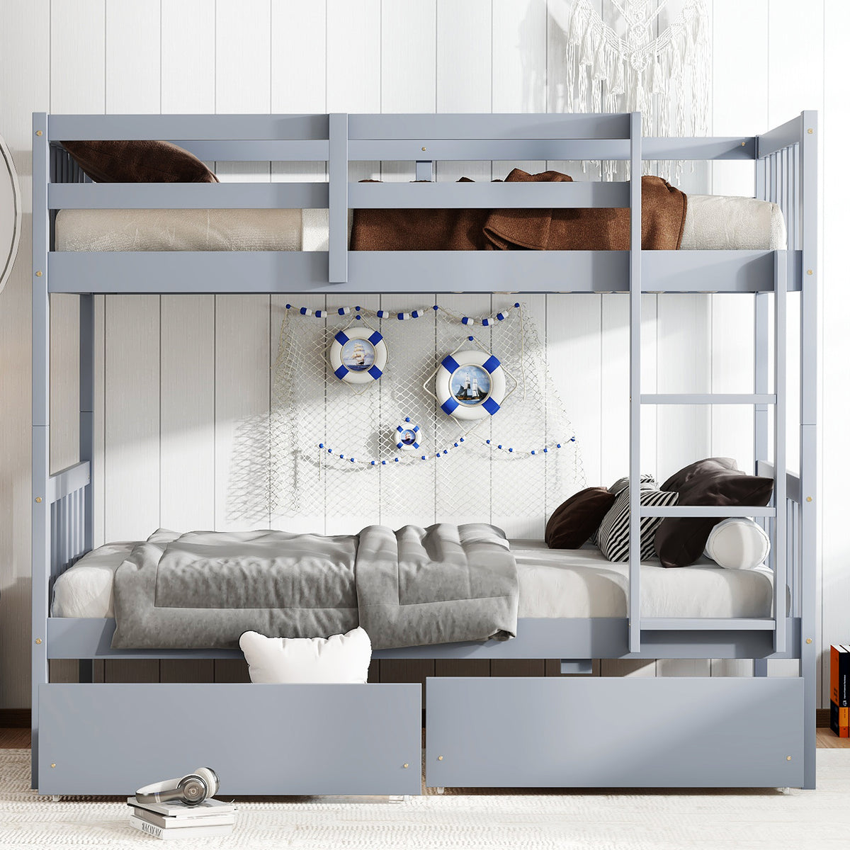 Twin Over Twin Rubber Wood Bunk Bed with 2 Drawers, Convertible into 2 Twin Beds, Twin Size Bunk Bed with Ladder and Safety Guardrails ,Grey