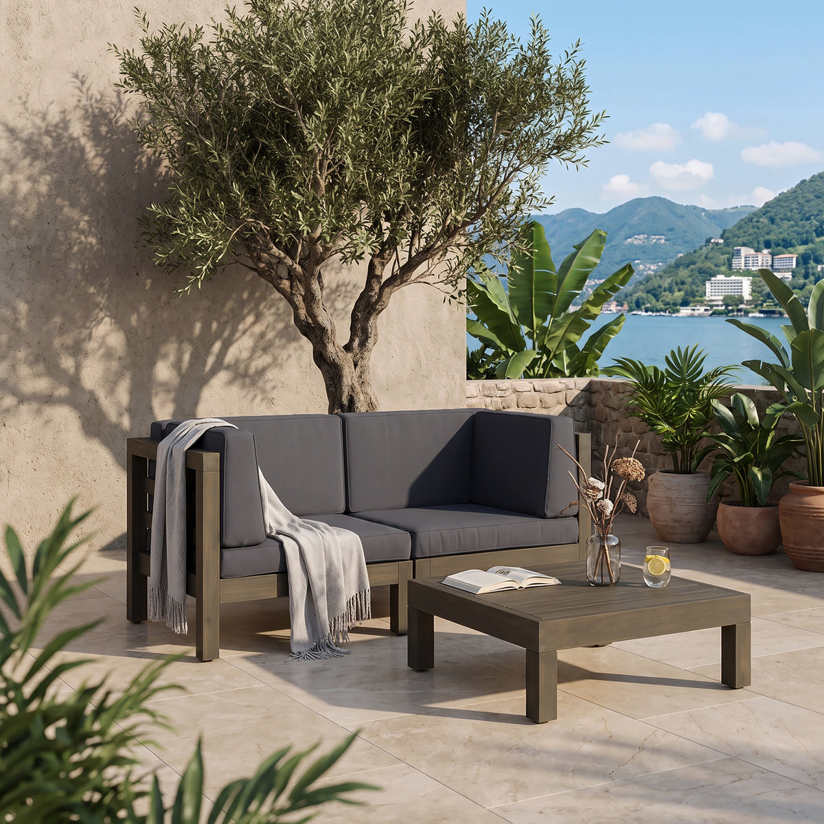 OANA 3-Piece LOVE SEAT SET WITH COFFEE TABLE, DARK GREY