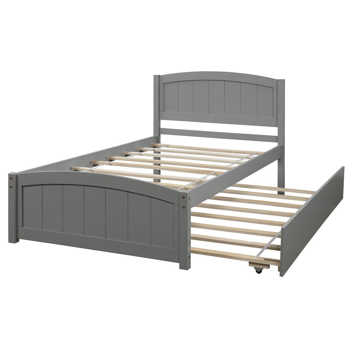 Minimalistic Twin Size Platform Bed with Trundle, Gray, Solid Pine Wood