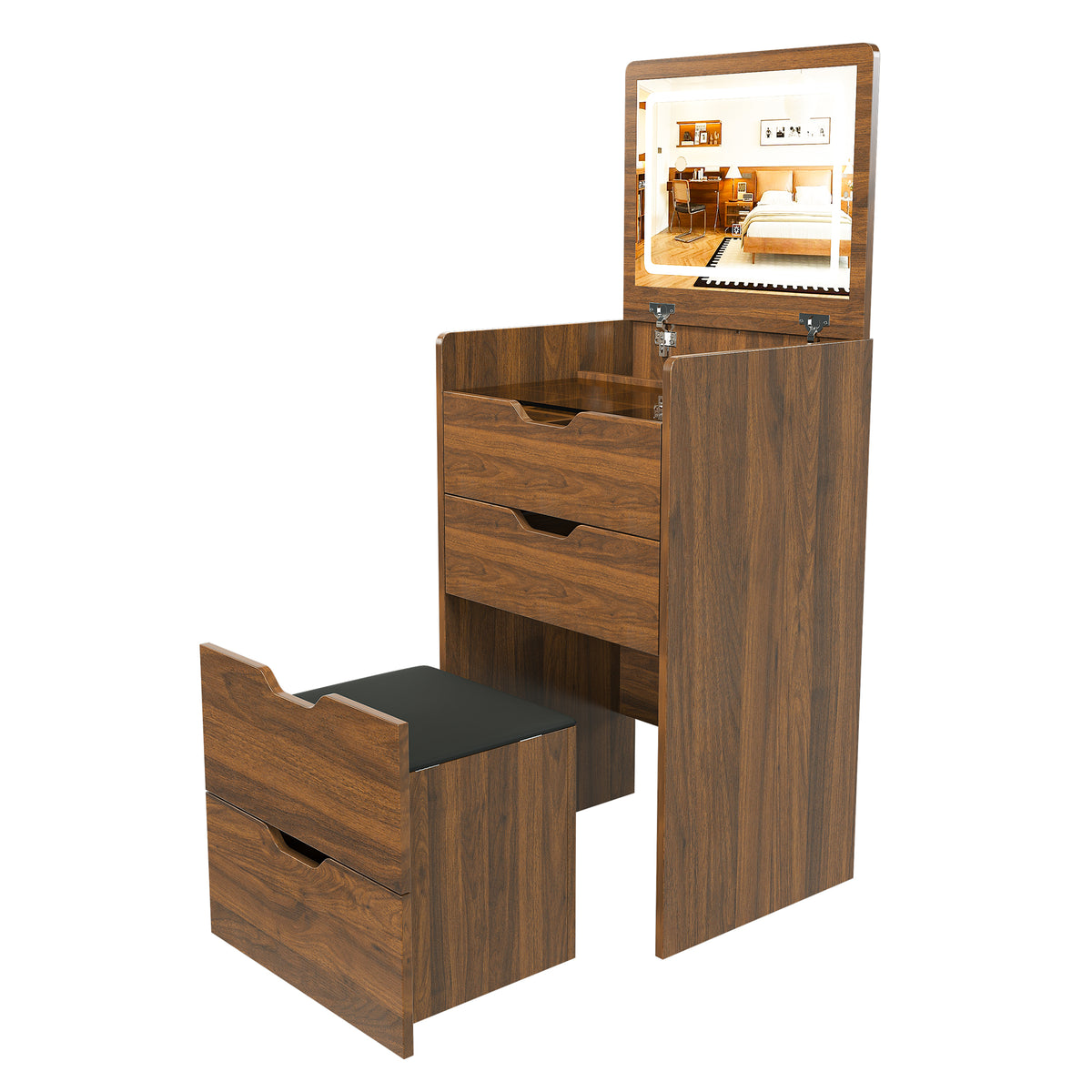 3-in-1 Vanity Desk with Lighted Mirror & Stool, Flip Top Makeup Dressing Table in Walnut Finish, Compact Storage for Bedroom or Bathroom