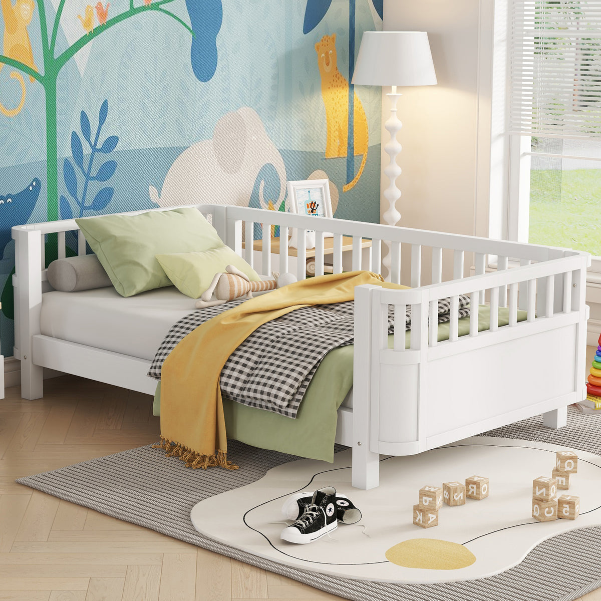 Twin Size Wood Platform Bed for Kids, Wood Low Profile Twin Bed with Rails for Girls and Boys, White (Patented Design, Expect Arrival Date 2026/5/11  Old SKU W2593P190148)